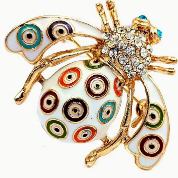 Colorful Sparkly Insect Bee Bug Design Charm Crystal Goldtoned Brooch Pin - Picture 2 of 5